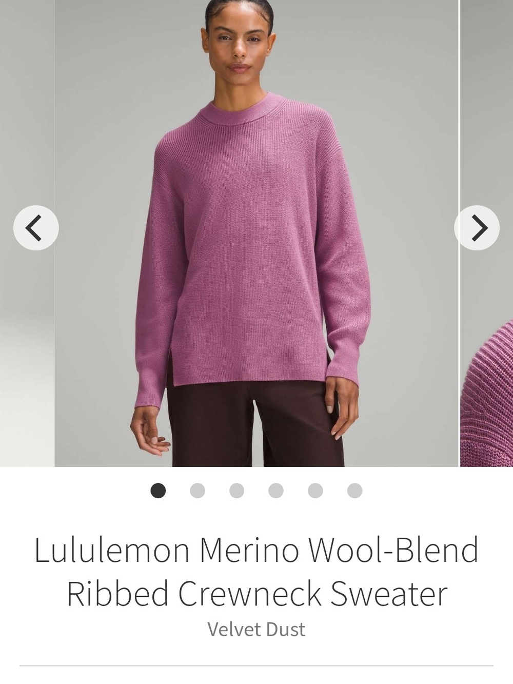 Lululemon Merino Wool-Blend Ribbed Crewneck Sweater
Velvet Dust sz. 4